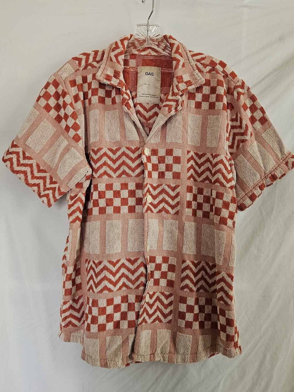 OAS Terry Cloth Short Sleeve Button-Down Shirt Mens L Beach Resortwear Orange